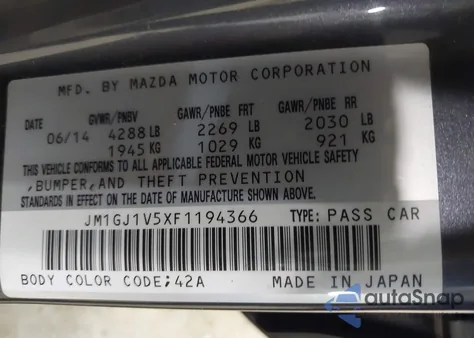 2015 Mazda Mazda6 from USA, damaged, VIN JM1GJ1V5XF1194366